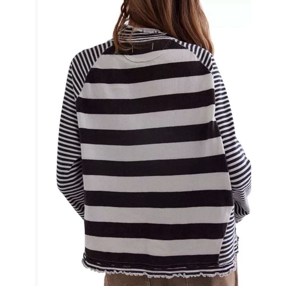 Free People We The Free Punk Playful Striped Tee Mock Neck Top Black Ivory L - Picture 2 of 9